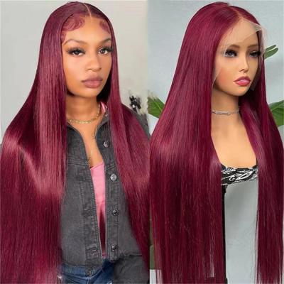 Virgin Hair 99j Burgundy Lace Front Wig Bone Straight Human Hair Wigs Pre Plucked Colored Hd Transparent Lace Frontal Wig